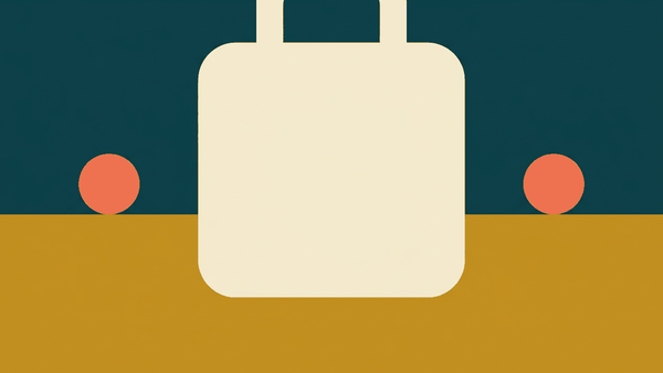 Flat illustration of a plastic shopping bag held at a counter beside coins and a paper bag, deep teal and gold
