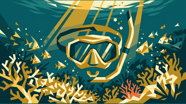 Flat illustration of a snorkel mask, flippers and a reef below the surface in clear water, deep teal and gold