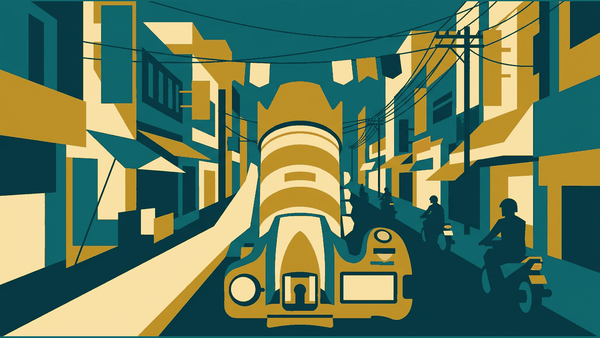 Flat illustration of a camera shape, a raised open hand and a bowed figure, deep teal and gold