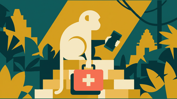 Flat illustration of a macaque on a temple wall, a phone in a claw and a first aid kit, deep teal and gold