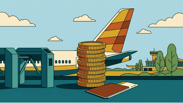 Flat geometric illustration of an airport departure gate and a boarding pass beside stacked baht coins and a turnstile, deep teal, mustard and warm cream