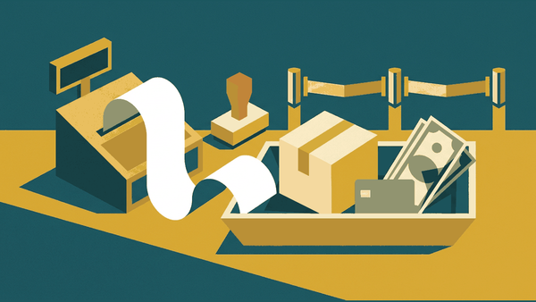 Flat geometric illustration of a shopping receipt, a duty-free style stamp, a small customs desk tray with a parcel and a bank card, deep teal, mustard and cream