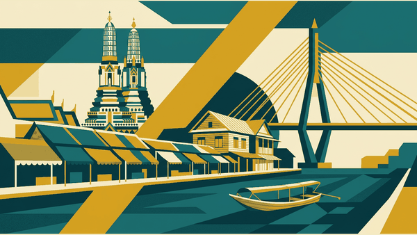 Flat illustration of a riverside market, a golden temple spire, a wooden longtail boat and a bridge, deep teal and gold