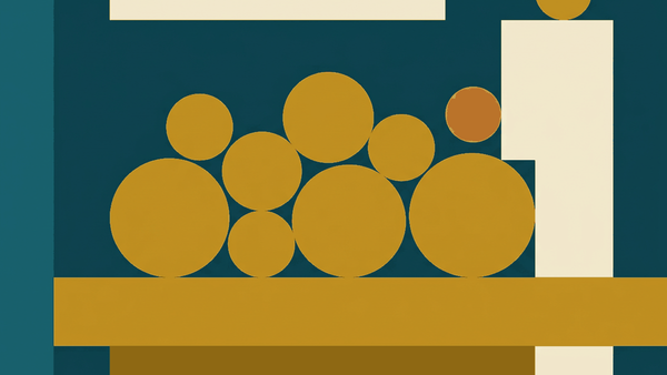 Flat illustration of coins and banknotes on a table beside a small tip jar and a receipt, deep teal and gold