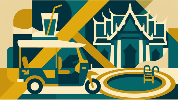 Flat illustration of a tuk tuk, a juice glass, a small swimming pool and a temple gate, deep teal and gold