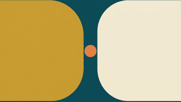 Flat illustration of a conversation between two people with simple speech bubbles and a market stall between them, deep teal and gold