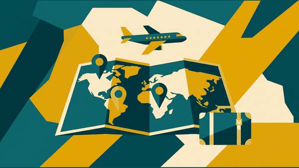 Flat illustration of a map with three location pins, a compass, a plane and a suitcase, deep teal and gold